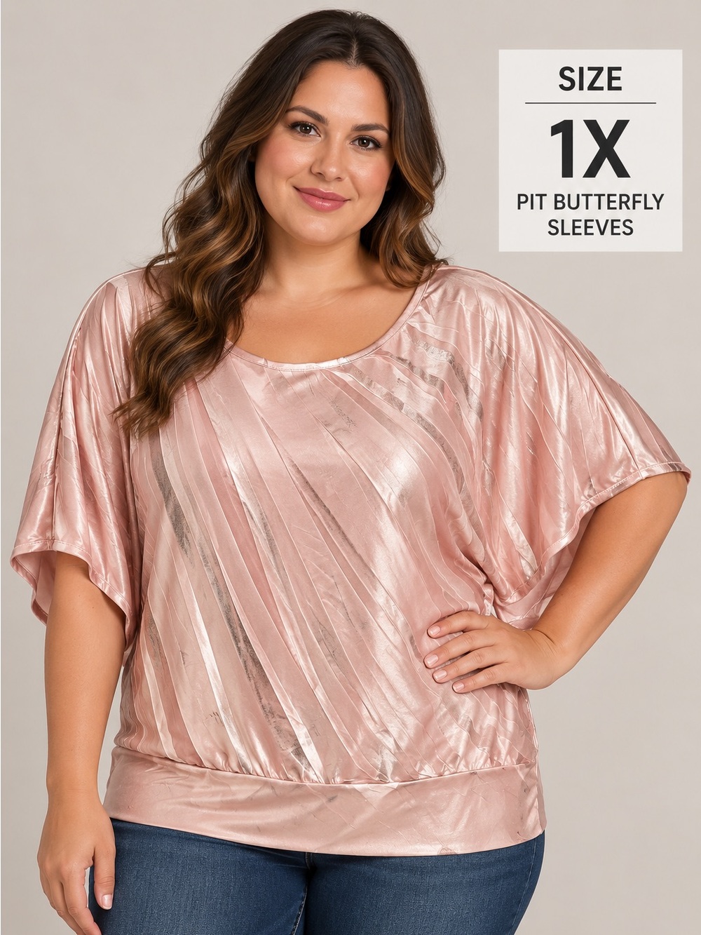 Plus Size Shimmer Butterfly Sleeve Top - Blush Pink SIZE 1X Pit 20” length 27”